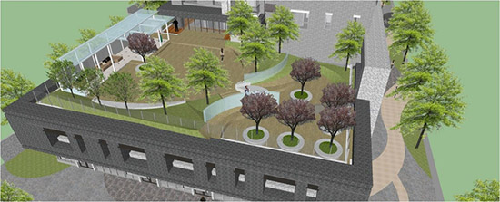 2F露臺3D圖，地坪採用自然陶磚，珍貴婆羅洲鐵木感受臺中地貌微型縮影的公園設計紋理。