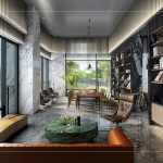 原木溫潤的香氣、溫暖的質(zhì)地與色調(diào)，為空間增添另一份溫度，串聯(lián)生活與自然相遇。(圖為大塊森濤–圖書閱覽室3D圖)