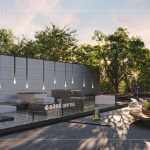 保留5F高的老樟樹、增植樹木，搭配曲線造型的街道家具，清水模牆面與錯(cuò)落石景，呼應(yīng)著苗栗的山水景觀。(圖為 新業(yè)恆一 水瀑廣場(chǎng)3D示意圖)