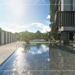 一池清淺水面曲橋，白日映雲(yún)、夜晚映月，循著曲橋向前，猶如走入畫中，一隅硯臺(tái)地景，一隅松姿倒影，無處不風(fēng)景。